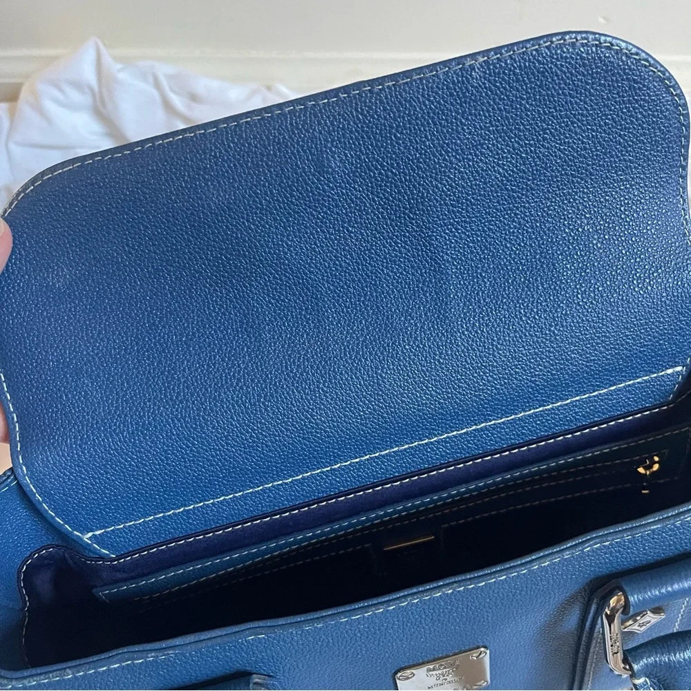 MCM Navy Blue Leather Boston Handbag Small Silver Hardware COA - Picture 9 of 11